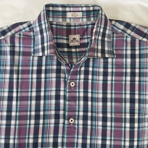 Peter Millar Mens Large Purple Blue White Plaid Button Down Shirt Seaside